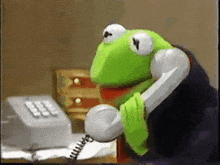 kermit the frog is talking on a telephone .