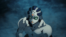 a cartoon drawing of a monster with a green face and red eyes