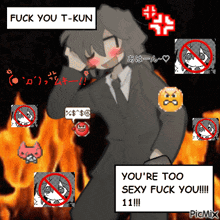 a cartoon of a man in a suit and tie with the words fuck you t-kun above him