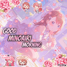 a picture of a girl with flowers and the words good minoairi morning