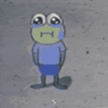 a cartoon frog is standing on a concrete surface with a sad face .
