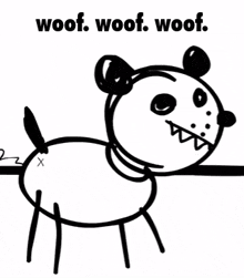 a black and white drawing of a dog with the words woof woof woof written below it