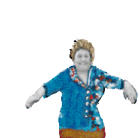 a pixelated image of a woman in a blue shirt