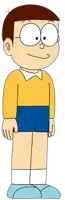 a cartoon character with brown hair and glasses is wearing a yellow shirt and blue shorts