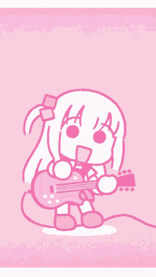 a drawing of a girl playing a guitar on a pink background with the letter a visible