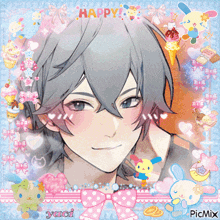 a picture of a boy with the words happy written above him