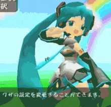 a pixel art of hatsune miku with a rainbow behind her