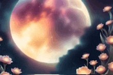 a painting of a full moon with flowers in the foreground