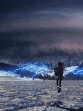 a person running through a snowy field with lightning coming from the mountains in the background