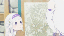 a girl with white hair and a purple shirt is looking down