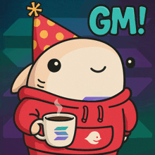 a cartoon character wearing a party hat holds a cup of coffee