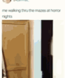 a picture of a person walking through a doorway with a caption that says `` me walking through the maze at horror nights ''