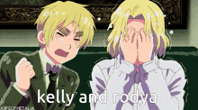 a gif of kelly and rodya with two anime characters covering their faces