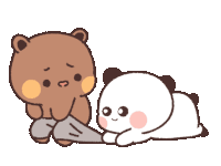 a brown bear and a white panda bear are laying on the ground