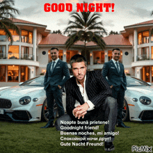 a man in a suit is kneeling in front of two cars with the words good night written on the bottom