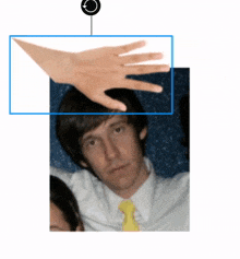 a man in a white shirt and yellow tie has a hand reaching over his head