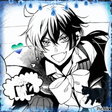 a black and white drawing of a boy with a cat and a speech bubble that says " picmix "