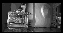 a black and white photo of a mouse in a cage next to a microwave