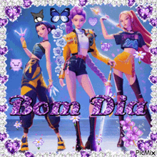 a picture of three girls with the words bom dia written on it