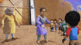 a group of cartoon characters are standing in front of a barn