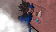 a cartoon character is standing in front of a shelf with bottles
