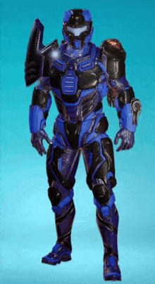a blue and black futuristic soldier with a shield and a gun