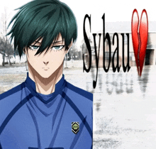 a boy in a blue shirt with the word sybau on the bottom right