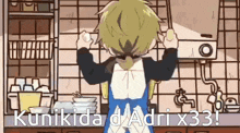 a cartoon of a boy standing in a kitchen with the words kunikida d adri x33
