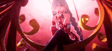 a girl in a red dress is sitting on a throne with a sword in her hand .