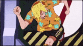a cartoon character is wearing a shirt with flowers on it and shorts that say vegapunk on them .