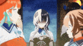 a group of anime girls standing next to each other with one girl covering her face