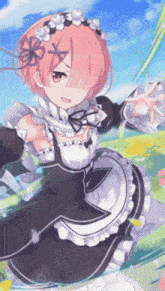 a girl with pink hair and a flower in her hair