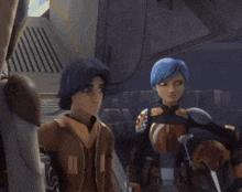 a cartoon character with blue hair stands next to another character