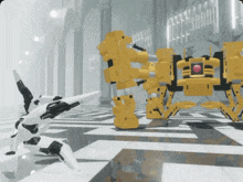 a yellow robot with a red eye is standing next to another yellow robot