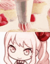 a cupcake with pink frosting is being decorated next to a drawing of a girl