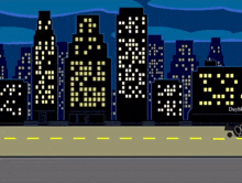 a cartoon drawing of a city at night with a sign that says dayblue on it