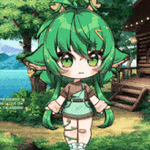 a little girl with green hair is standing in front of a wooden cabin