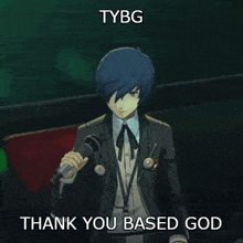 a man in a suit and tie is holding a microphone and saying thank you based god .