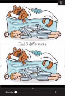 a cartoon drawing of a man sleeping with a dog on his bed