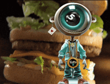 a cartoon character with a lotto medal around his neck stands in front of a large hamburger