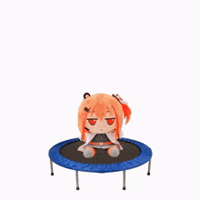 a stuffed animal is sitting on top of a trampoline .