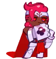 a cartoon character with red hair is holding a piece of paper with a playing card on it .