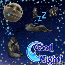 a picture that says good night with a skull moon and stars