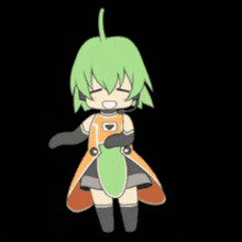 a cartoon of a girl with green hair wearing an orange dress