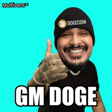 a man is wearing a dogecoin hat and giving a thumbs up