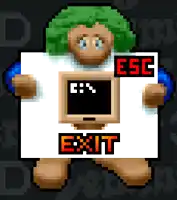 a pixel art character holding a sign that says esc exit