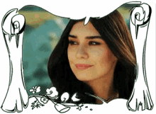 a drawing of a woman in a frame with flowers