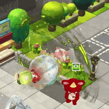a red teddy bear with a crown on its head is in a game