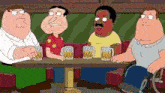 a group of cartoon characters are sitting at a table with mugs of beer