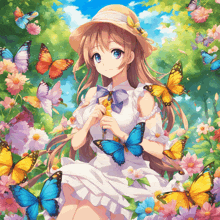 a girl in a white dress is surrounded by flowers and butterflies
